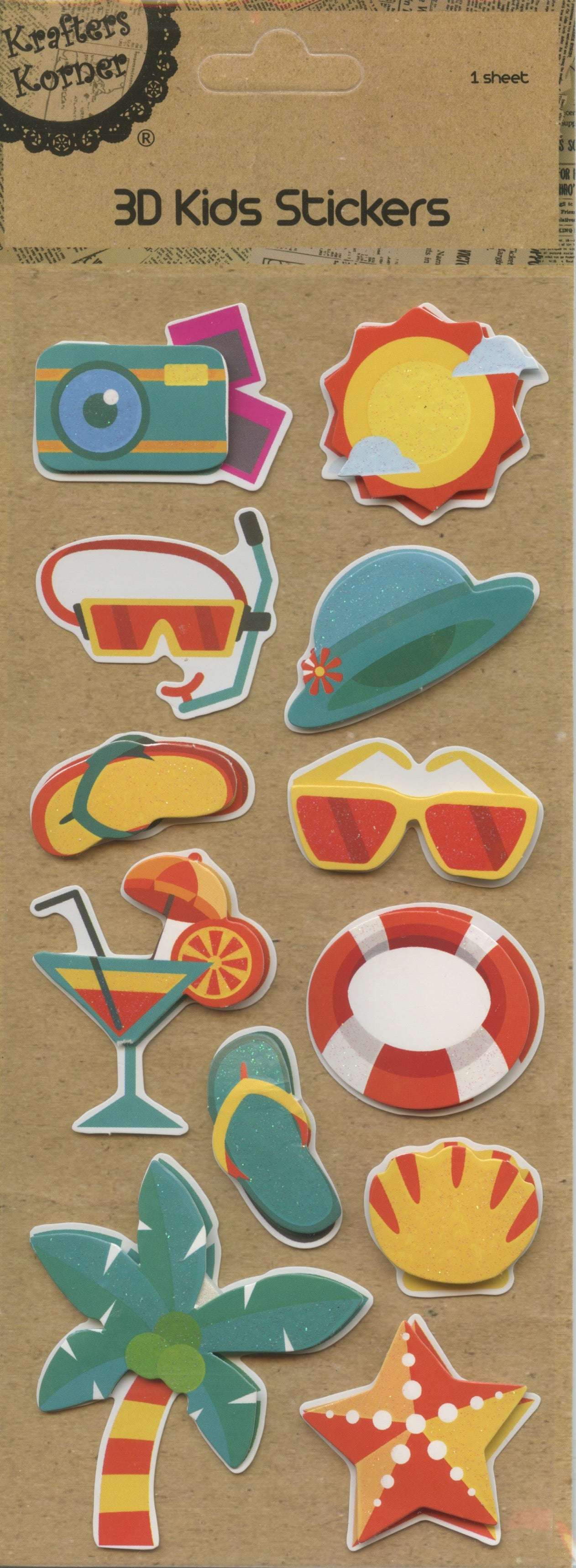 3D Kids Stickers - Beach Theme - Self Adhesive  - 12 pk - 1 sheet