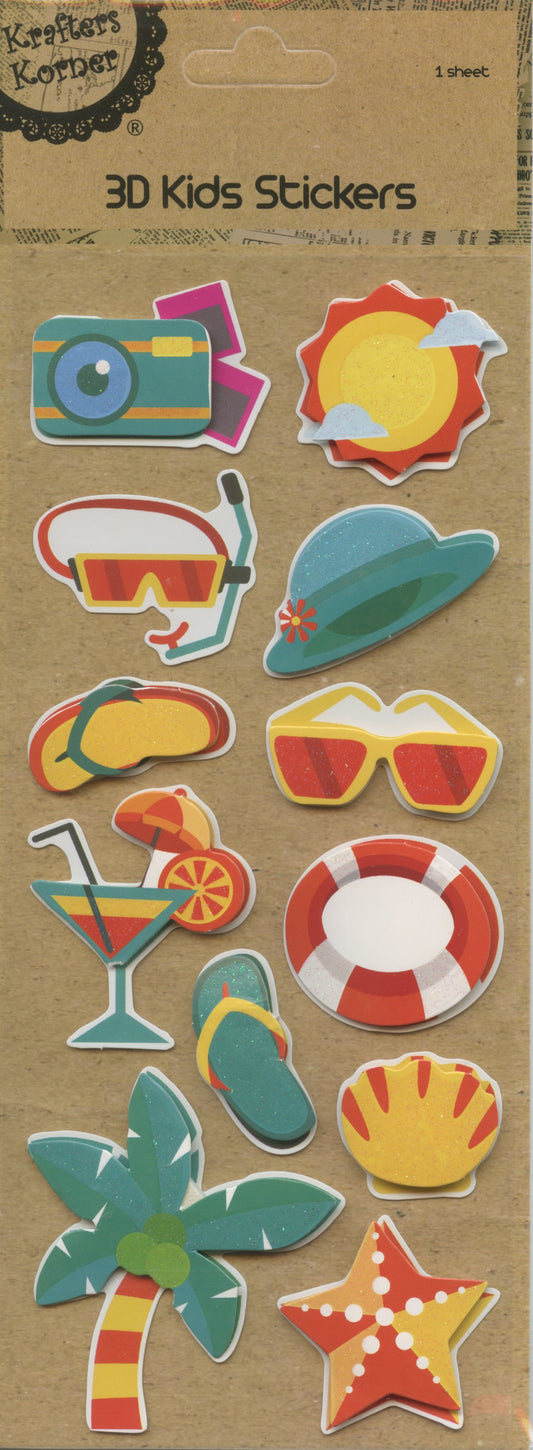 3D Kids Stickers - Beach Theme - Self Adhesive  - 12 pk - 1 sheet