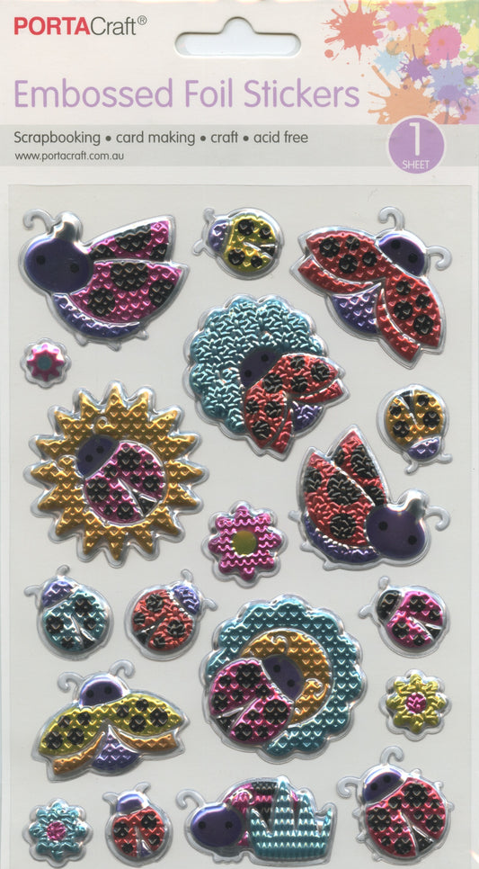 Embossed Foil Stickers - Ladybugs and Flowers - 1 sheet