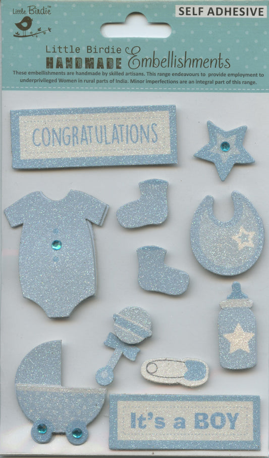 Little Birdie Handmade Embellishments Self/Adh - Baby Boy - Blue Glitter - 11pc