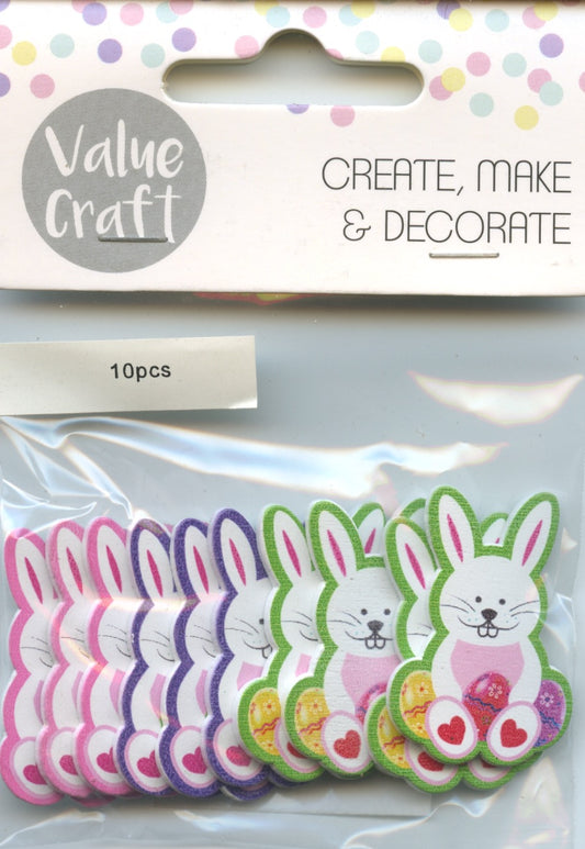 Easter Bunnies with Eggs - Wooden Painted Cut Outs - 10 pcs