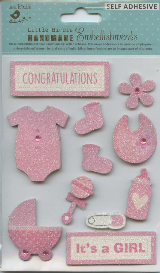 Little Birdie Handmade Embellishments Self/Adh- Baby Girl- Pink/Glitter -11pc