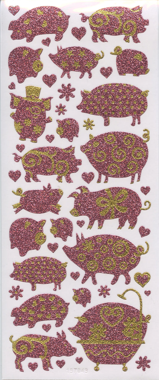 Pigs and Heart Stickers - 1 Sheet Pink Glitter