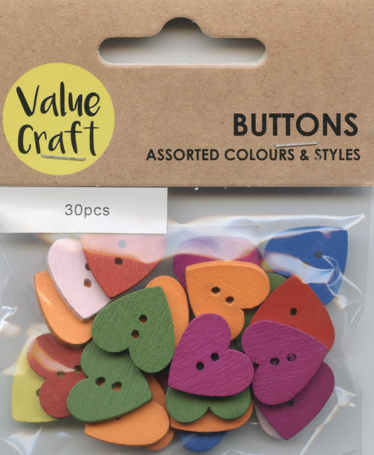 Wooden Buttons - Various Colours - Hearts - 17mm - 30 pk