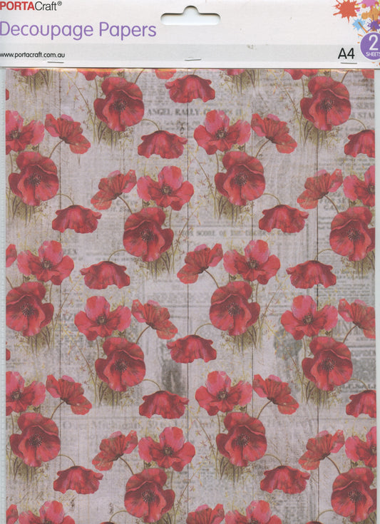 Decoupage Paper - Red Poppies - A4 - 2 Sheets