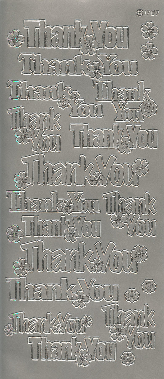 Thank You wording with flowers - Craft Stickers - Silver - 22 pce