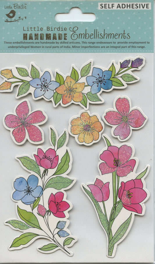 Little Birdie Embellishments - Self Adhesive - Floral Field 6pc
