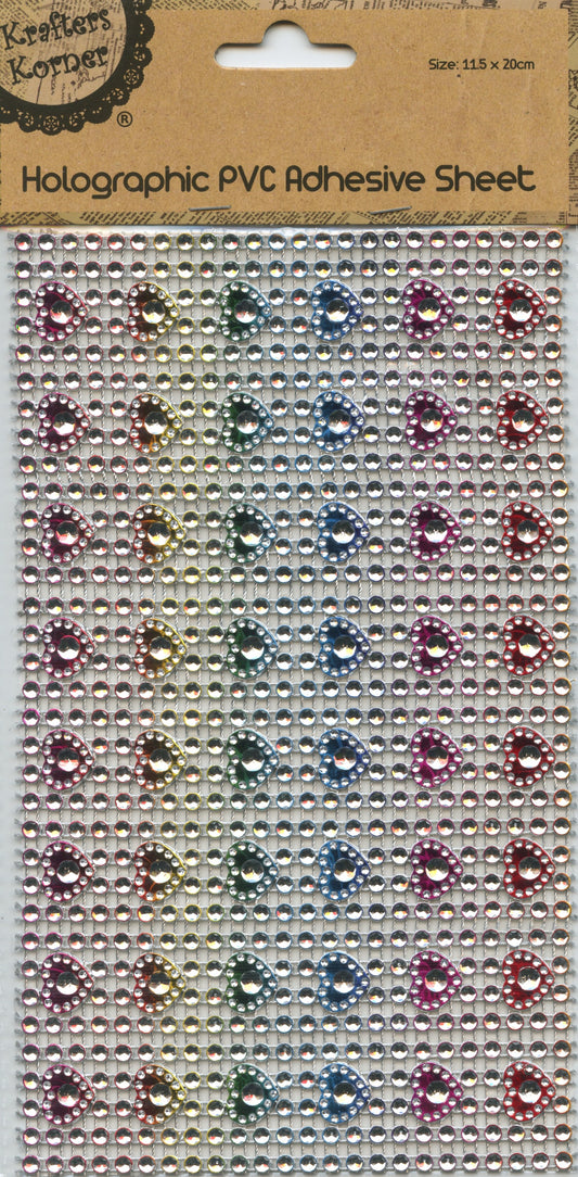 Holographic PVC Adhesive Sheet - Hearts with Diamanté - One Sheet