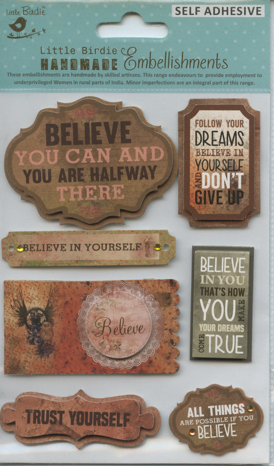 Little Birdie Handmade Embellishments Self Adhesive Dream & Believe 7pc