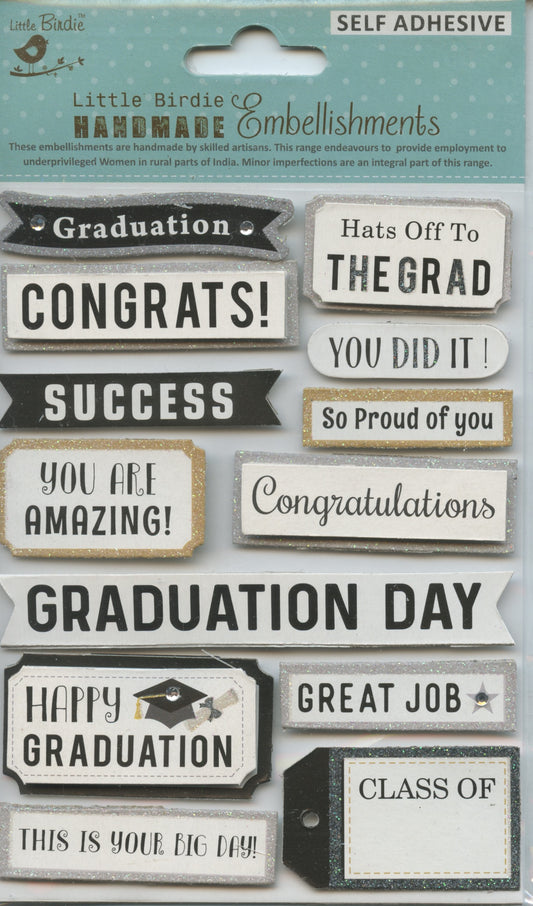 Little Birdie Handmade Embellishments Self/Adh - Graduation Wishes -  13 pc