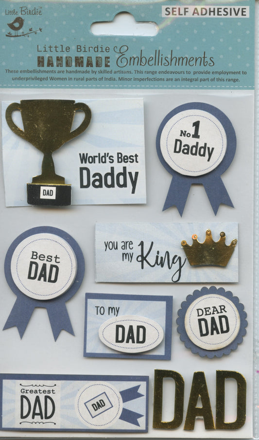 Little Birdie Handmade Embellishments Self/Adh - World's Best Daddy - 10 pc
