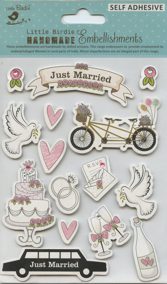 Little Birdie Handmade Embellishments Self/Adh - Wedding Vows - 15 pc