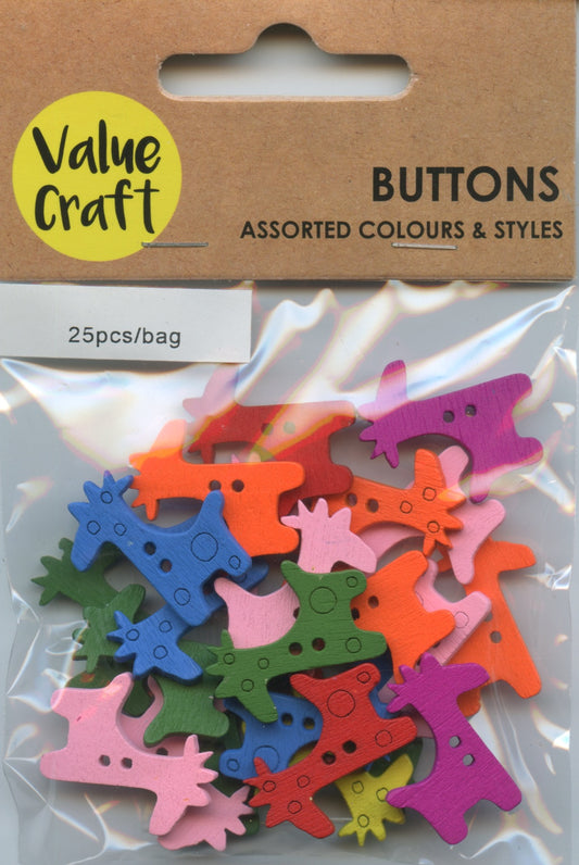 Wooden Giraffe Buttons - Pack of 25 - Assorted Colours