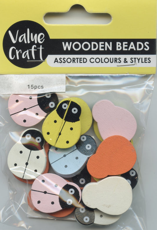 Wooden Beads - Lady Bugs - Assorted Colours - 15 pk