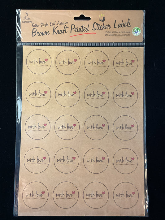 Brown Kraft Printed Stickers - With Love  - 3 Sheets - 60 stickers