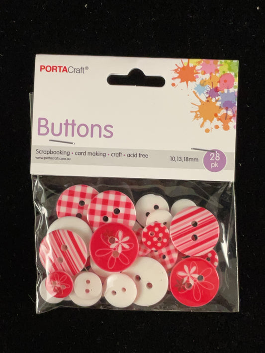 Buttons Multi Print Style Red/White 10, 13, 18mm 28pk