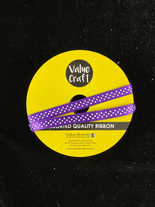 Purple Satin Ribbon with white spots - 6mm x 3m