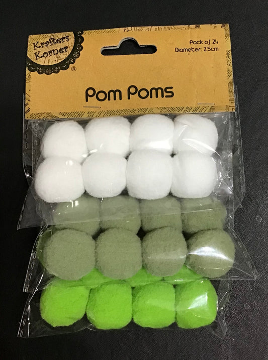 Pom Poms - 2 Shades of Green and White - Pack of 24 - Size 25mm