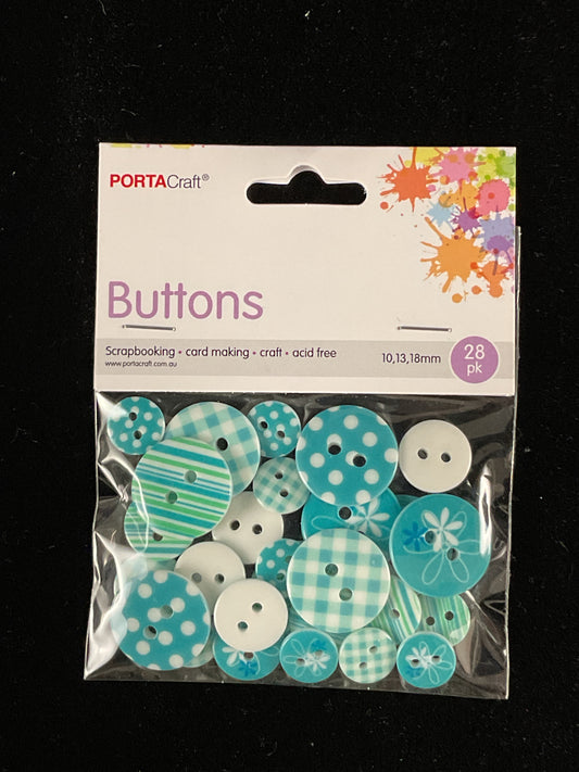 Buttons Multi Print Style Turquoise/White 10, 13, 18mm 28pk