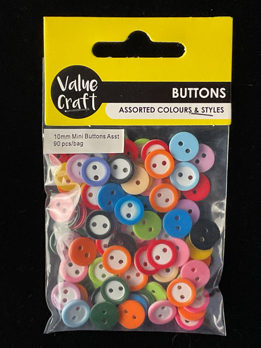 Mini Buttons - Assorted Colours - 10mm - 90 pieces