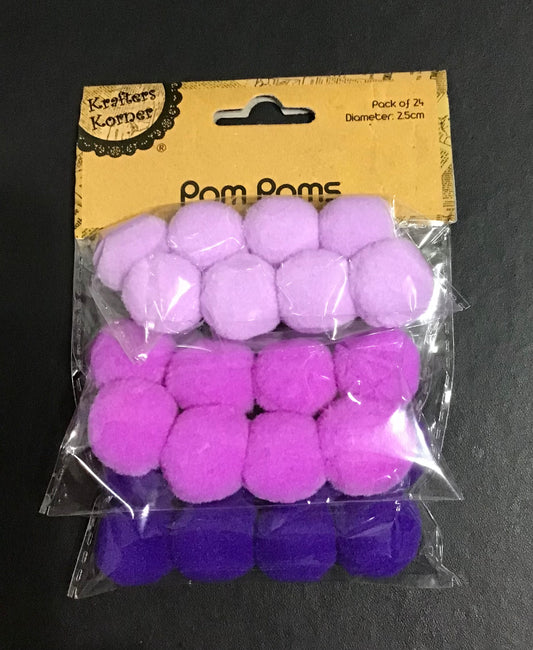 Pom Poms - 3 Shades of Purple - Pack of 24 - Size 25mm