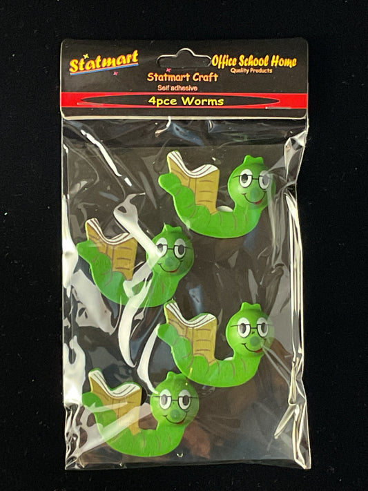 3D Wooden Worm Embellishments - Self Adhesive - 4 pack