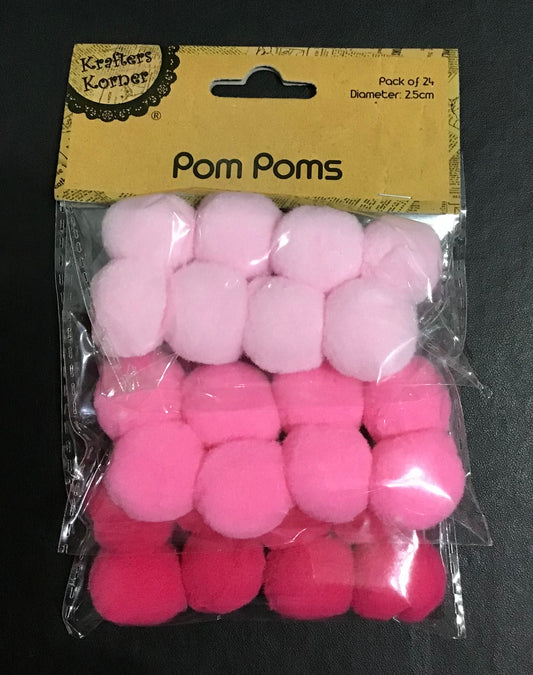Pom Poms - 3 Shades of Pink - Pack of 24 - Size 25mm