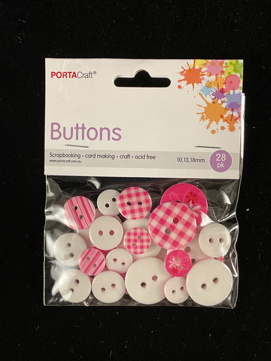 Buttons Multi Print Style Pink/White 10, 13, 18mm 28pk