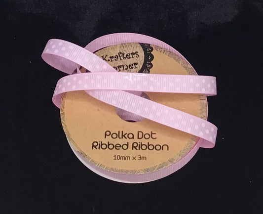 Polka Dot Ribbed Ribbon - Pink/White dots - 10mm x 3m