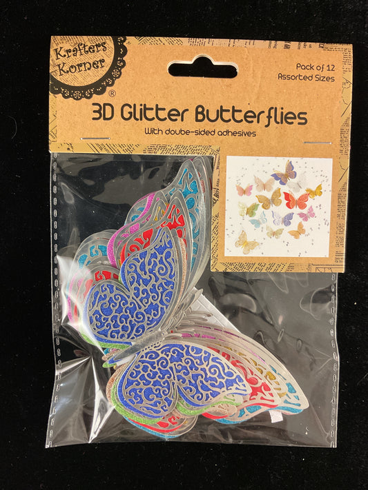 3D Glitter Adhesive Butterflies - Silver - Pk 12