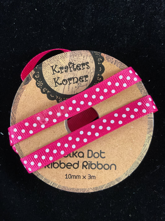 Polka Dot Ribbed Ribbon - Hot Pink/White dots - 10mm x 3m
