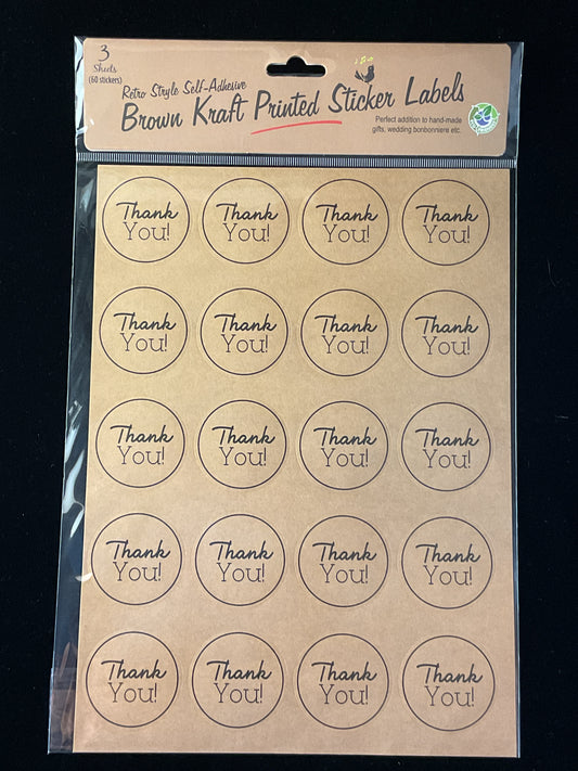 Brown Kraft Printed Stickers - Thank you - 3 Sheets - 60 pk