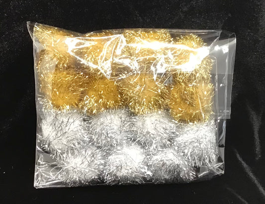Tinsel Glitter Pom Poms - Gold/Silver - Pack of 15 - Size 25mm