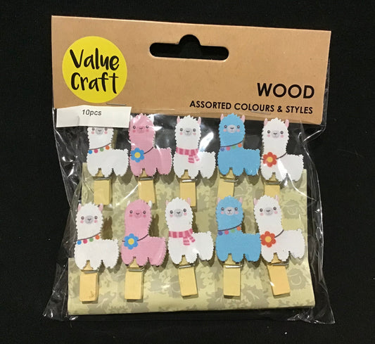 Wooden Pegs with White/Pink/Blue Llamas - 10 pack