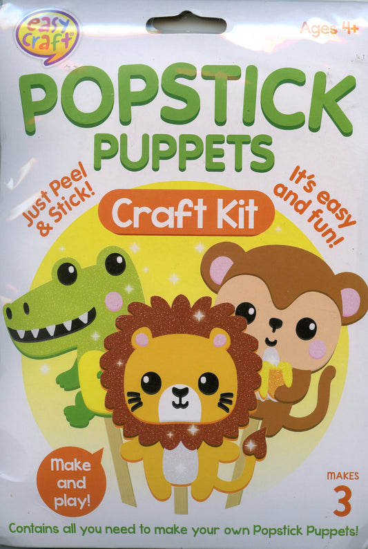 Popstick Puppets Craft Kit - Dinosaur/Lion/Monkey - Just peel and Stick