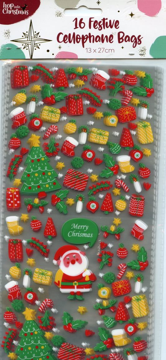 Christmas Festive Cellophane Bags - Pk 16 - 13x27cm