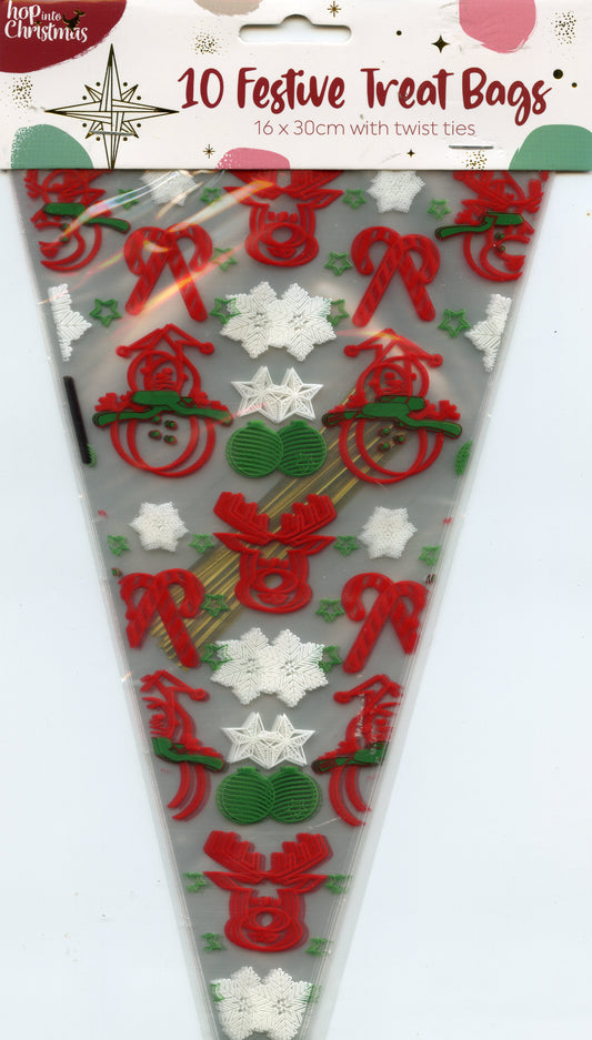 Christmas Festive Cellophane Treat Bags (Triangle shape) - Pk 10 - 16x30cm