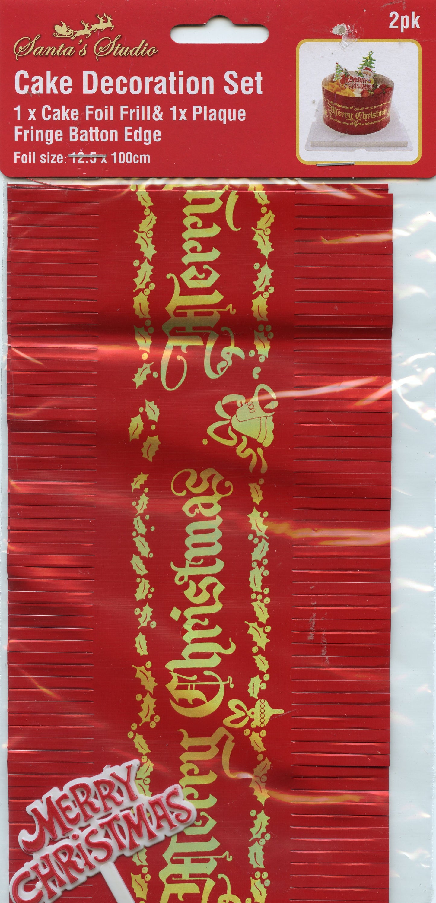 Merry Christmas Cake Decoration Set - 1x Foil Frill & 1x Topper