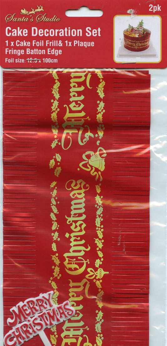 Merry Christmas Cake Decoration Set - 1x Foil Frill & 1x Topper