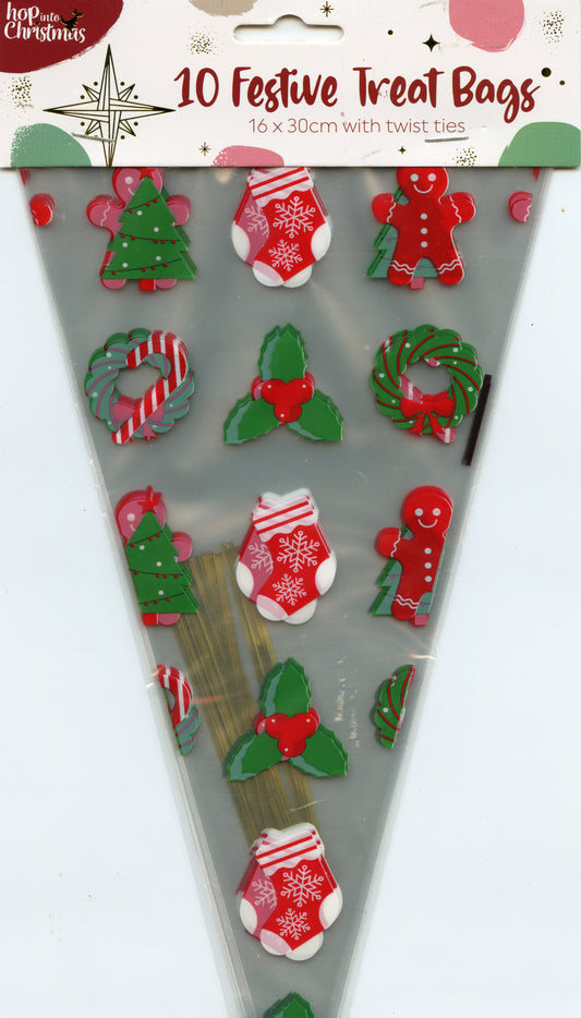 Christmas Theme Cellophane Treat Bags (Triangle shape) - Design #2 - Pk 10 - 16x30cm