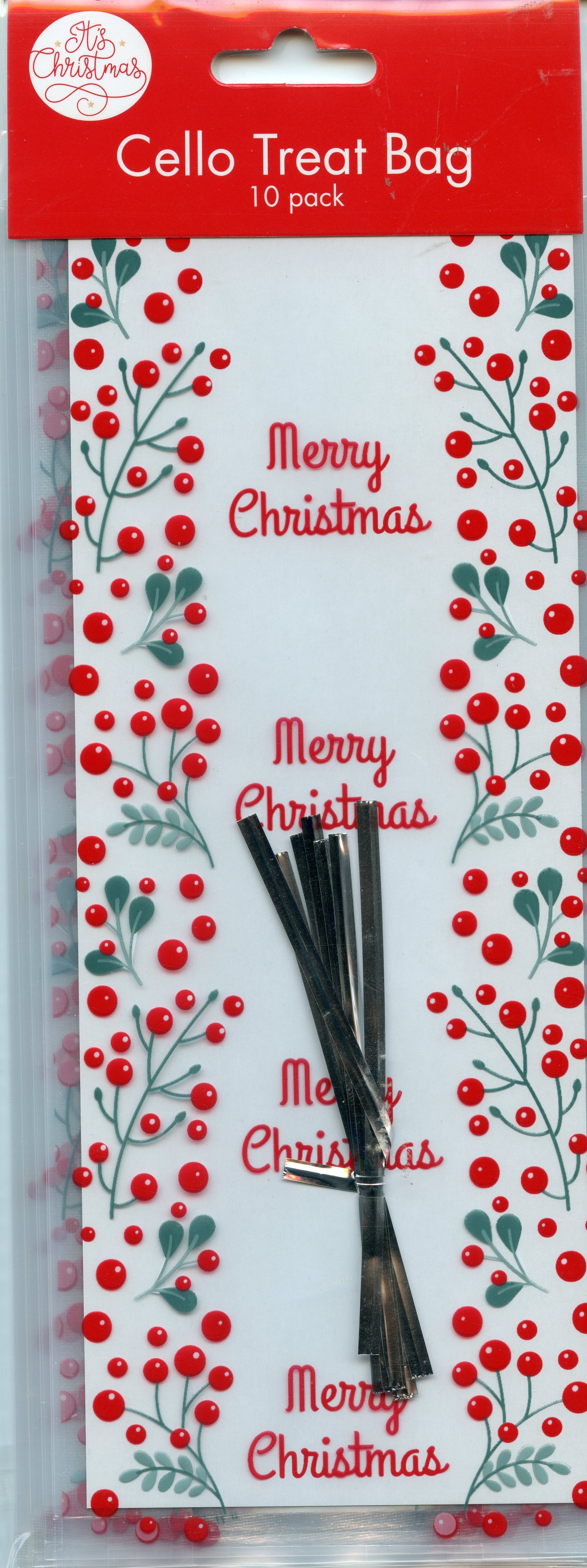 Cellophane Treat Bags - Merry Christmas/Holly/Ivy - 10 pc