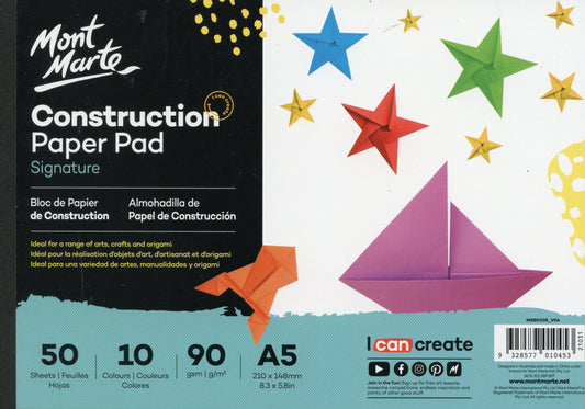 Construction Paper Pad A5 - 10 Colours - 90gsm - 50 Sheets