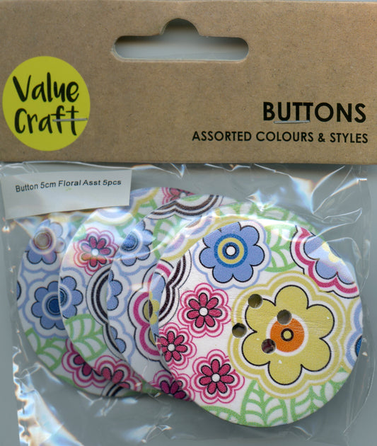 Buttons 5cm - Assorted Colours and Styles - Floral - 5pcs
