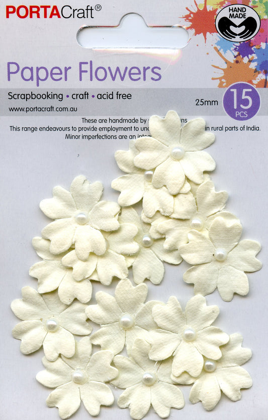 Porta Craft Paper Flowers - Cream with Pearl Centre- 25mm - 15pc