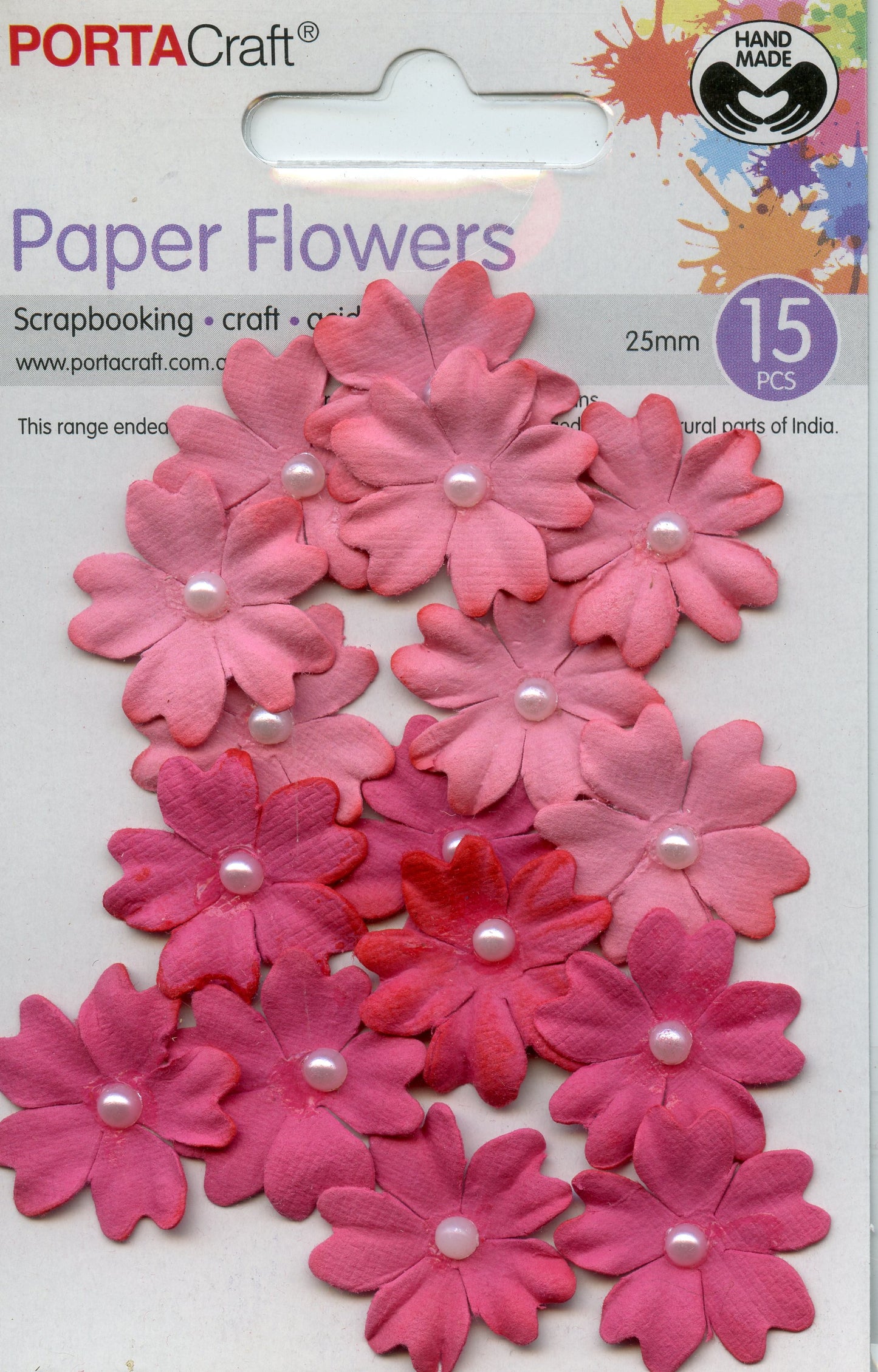 Porta Craft Paper Flowers - Pink Shades with pearl centre- 25mm- 15pc