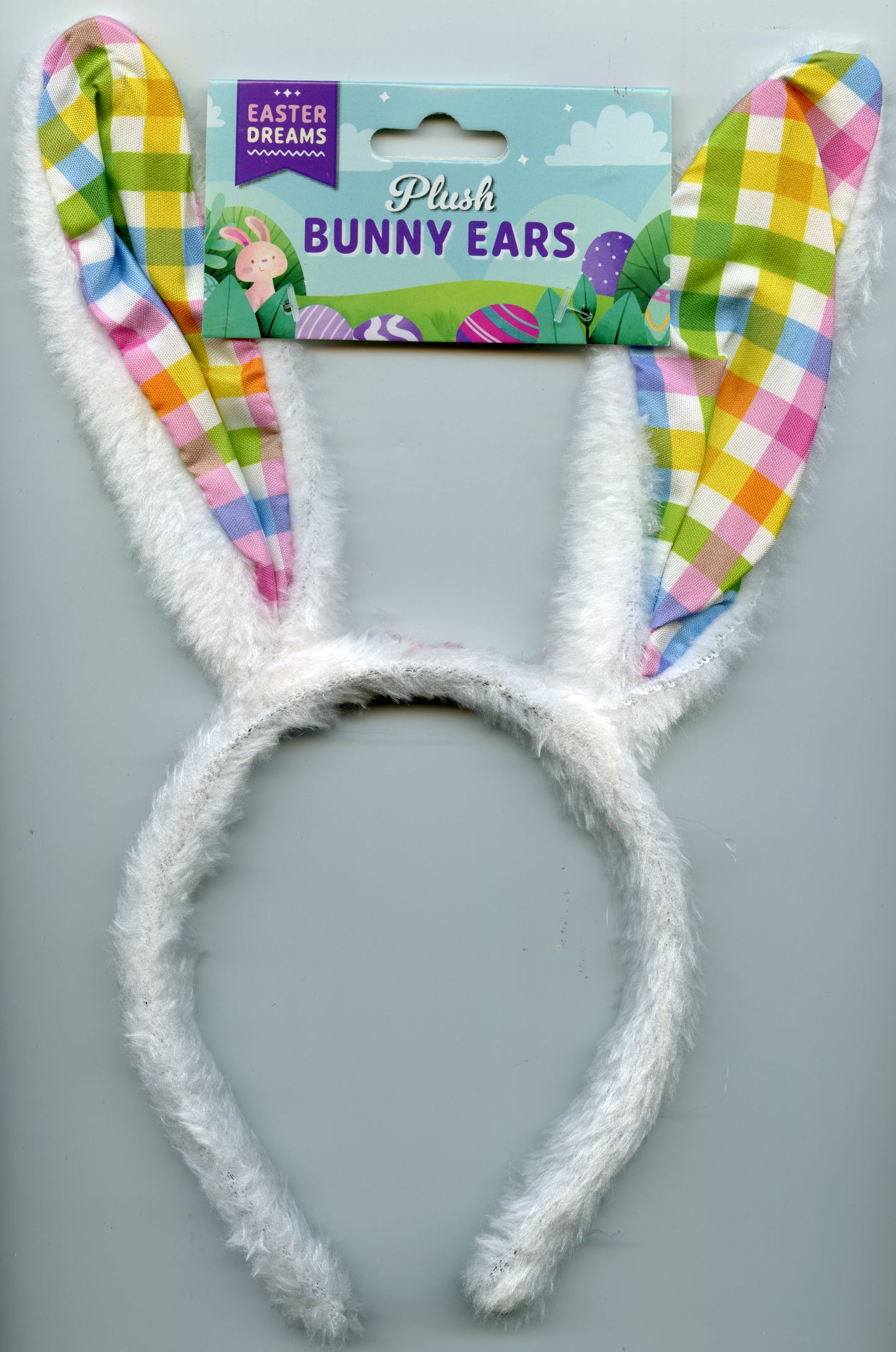 Plush Bunny Ears Headband - Pastel Chequered Print
