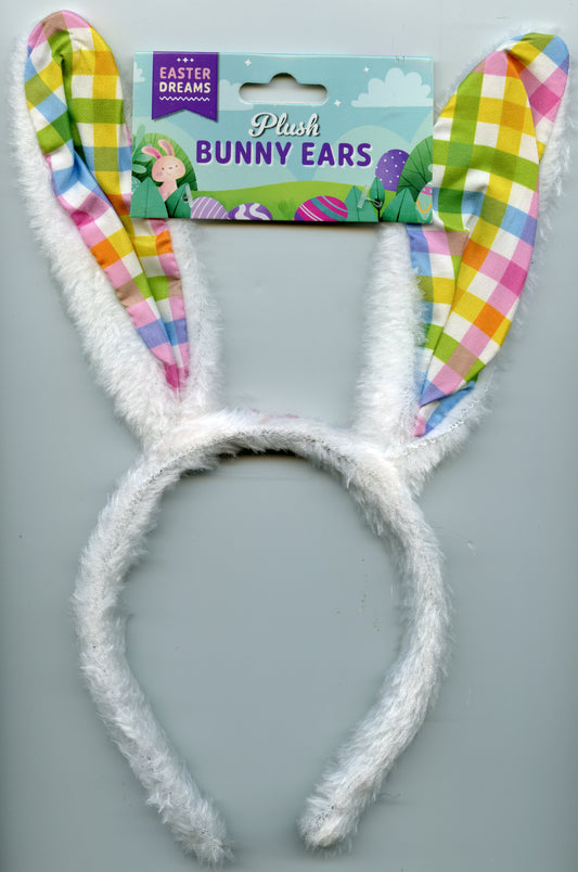 Plush Bunny Ears Headband - Pastel Chequered Print