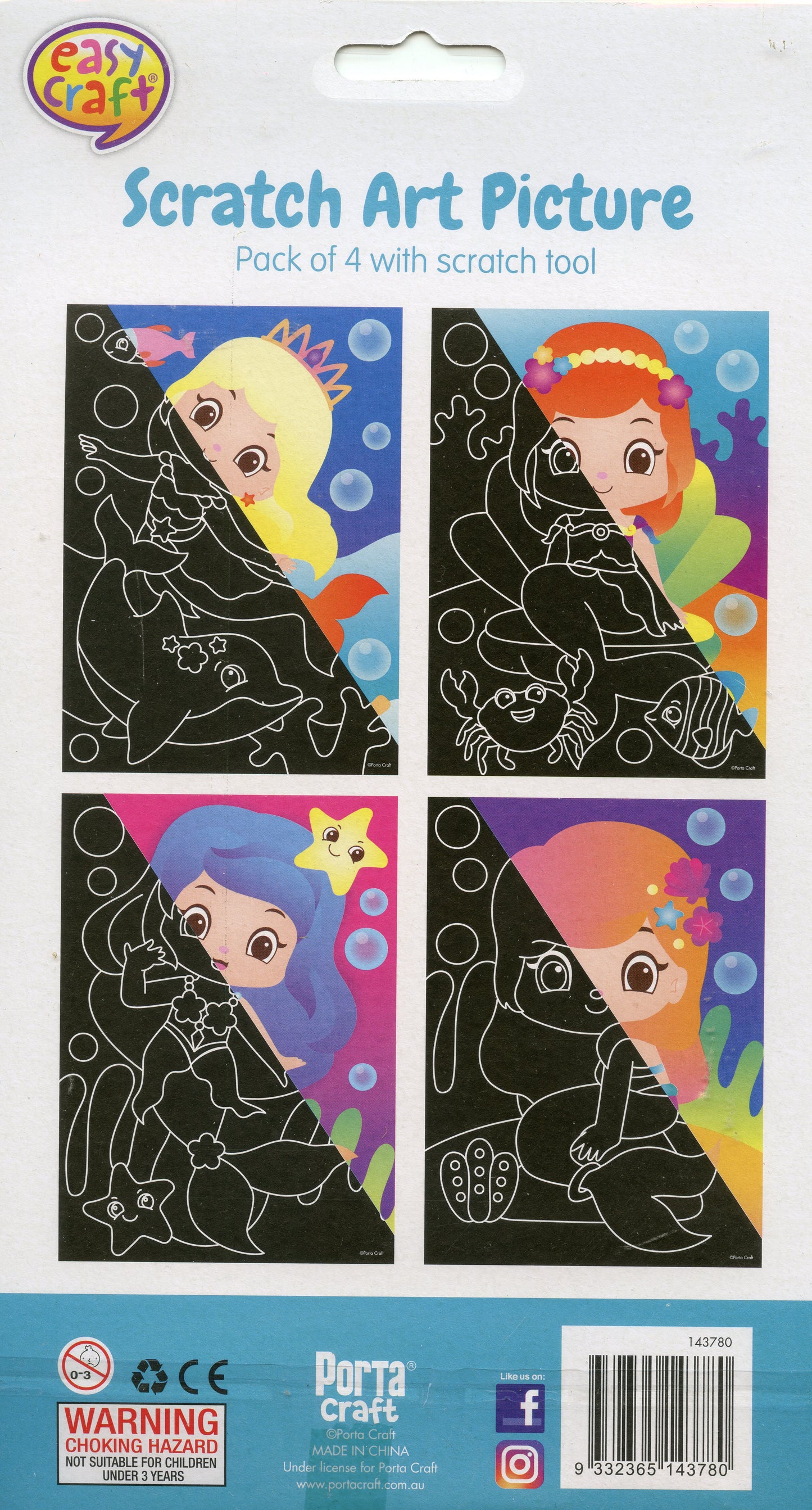 Scratch Art Picture - Mermaid theme - Pack of 4 with scratch tool