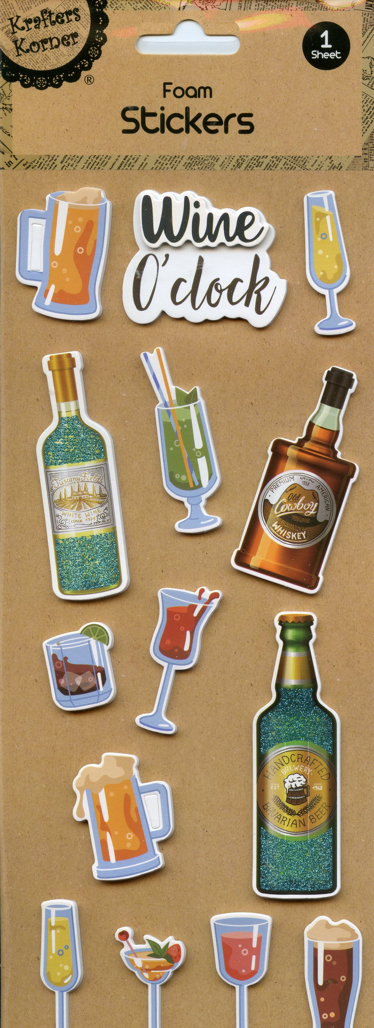 Foam Stickers - Wine O'Clock - 1 Sheet