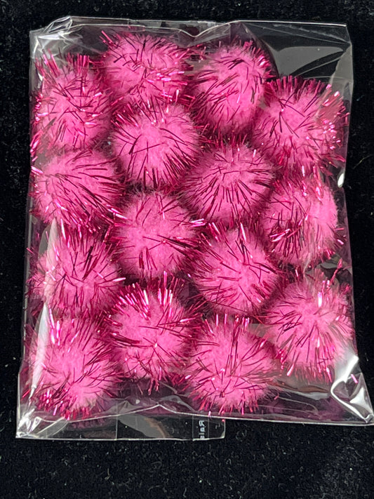 Tinsel Glitter Pom Poms - Pink - Pack of 15 - Size 25mm